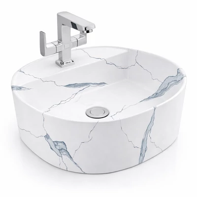 BERGAMO-M || Lavoar montat pe blat, ceramică, alb, cu model marmură, rotunjit