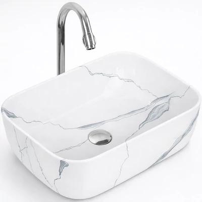 BERLIN-M || Lavoar montat pe blat, ceramică, alb, cu model marmură, dreptunghiular
