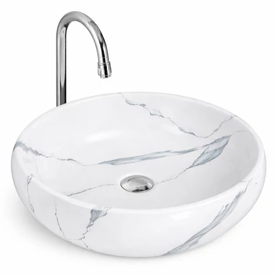 MERANO-M || Lavoar montat pe blat, ceramică, alb, cu model marmură, oval