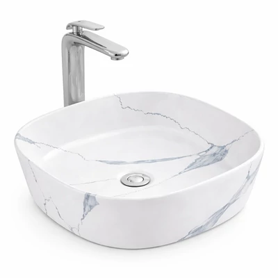 BERGAMO-M SLIM || Lavoar montat pe blat, ceramică, alb, cu model marmură, rotunjit