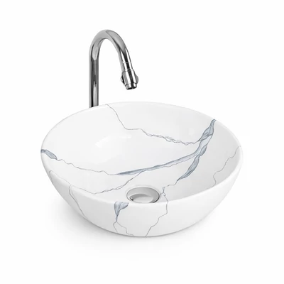 PARMA-M || Lavoar montat pe blat, ceramică, alb, cu model marmură, rotund