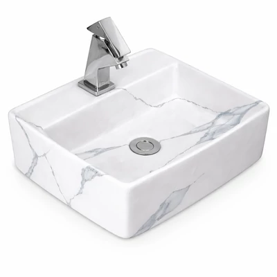 LINZ-M || Lavoar montat pe blat, ceramică, alb, cu model marmură, pătrat