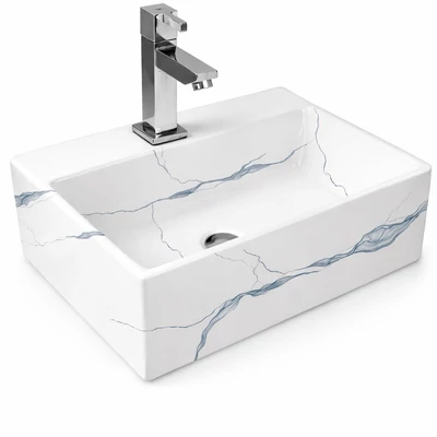 LEER-M || Lavoar montat pe blat, ceramică, alb, cu model marmură, pătrat