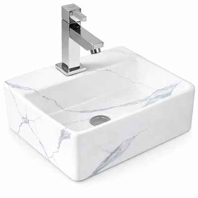 LAGE-M || Lavoar montat pe blat, ceramică, alb, cu model marmură, pătrat
