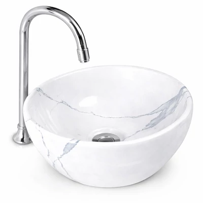 ASTI-M || Lavoar adânc montat pe blat, ceramică, alb, cu model marmură, rotund