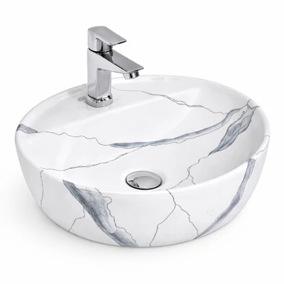 MONTERO-M 40 || Lavoar montat pe blat, ceramică, alb, cu model marmură, rotunjit