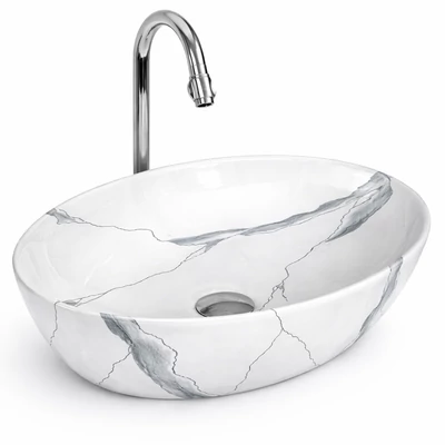 MONACO-M || Lavoar montat pe blat, ceramică, alb, cu model marmură, oval