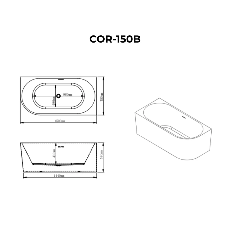 CORNER || Cadă de baie semi-freestanding, colț, stânga, alb, 150x75x58 cm