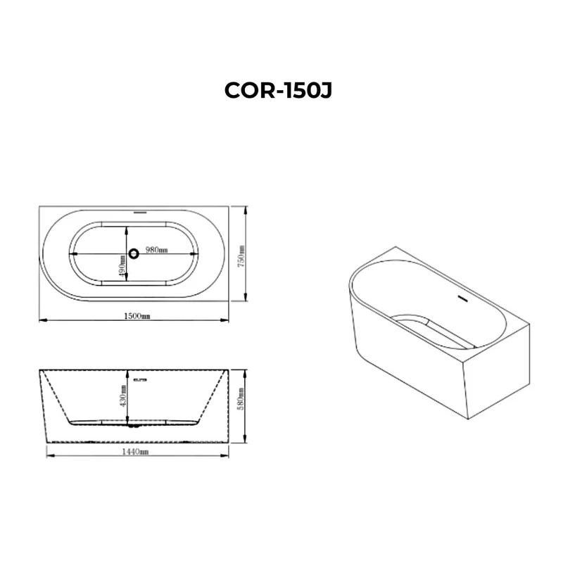 CORNER || Cadă de baie semi-freestanding, colț, dreapta, alb, 150x75x58 cm