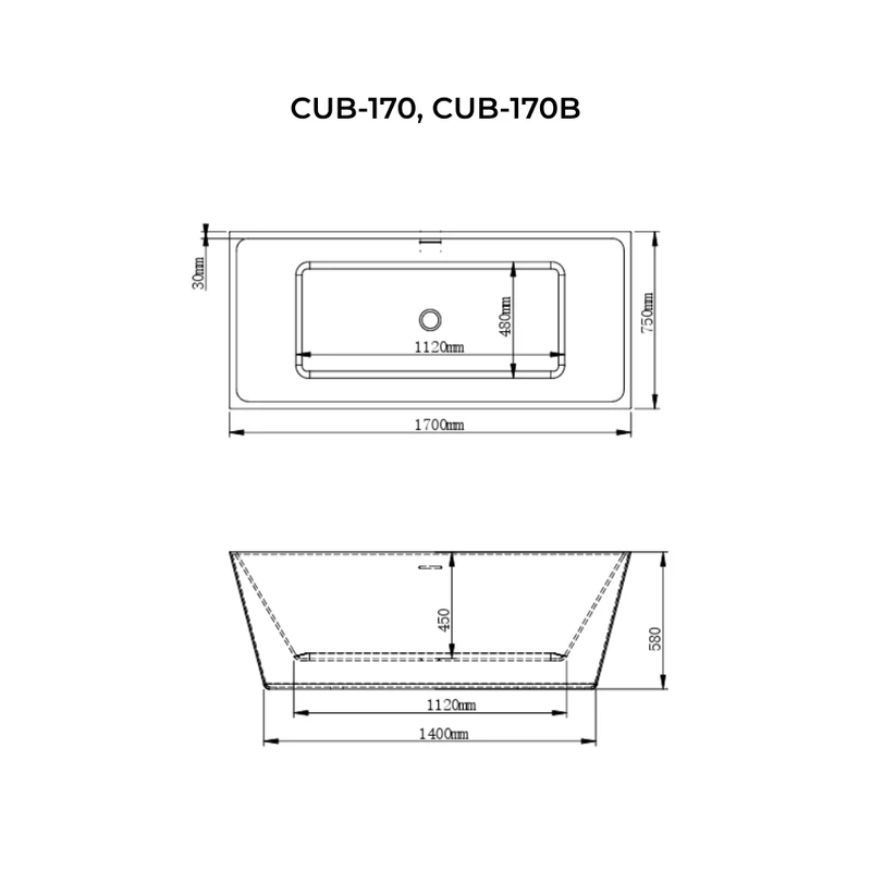CUBE || Cadă de baie freestanding, alb-negru, 170x75x58 cm
