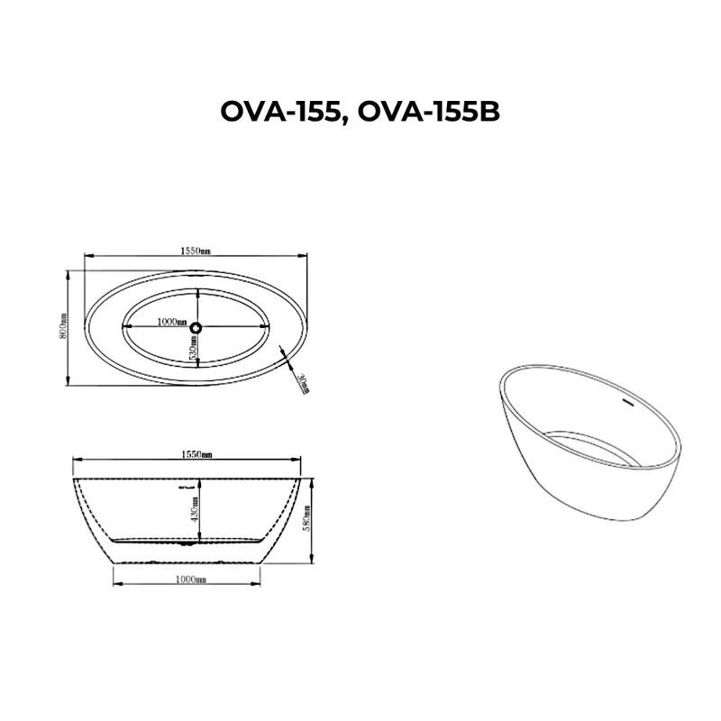 OVAL Cadă de baie freestanding, alb-negru, 155x80x58 cm