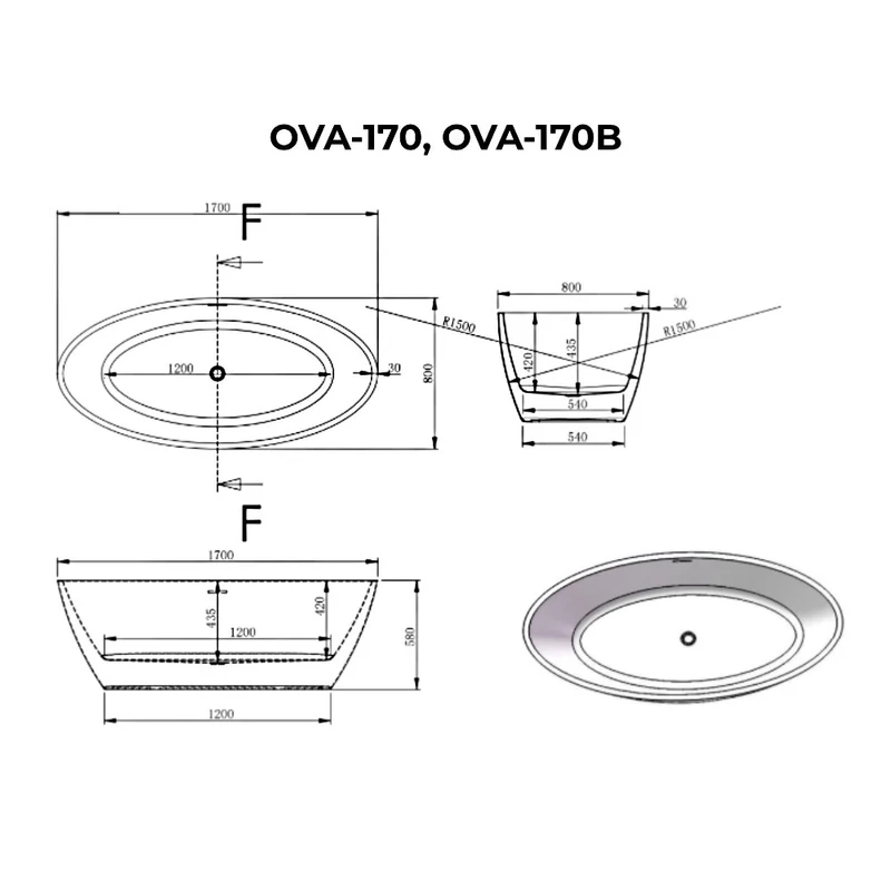 OVAL Cadă de baie freestanding, alb-negru, 170x80x58 cm