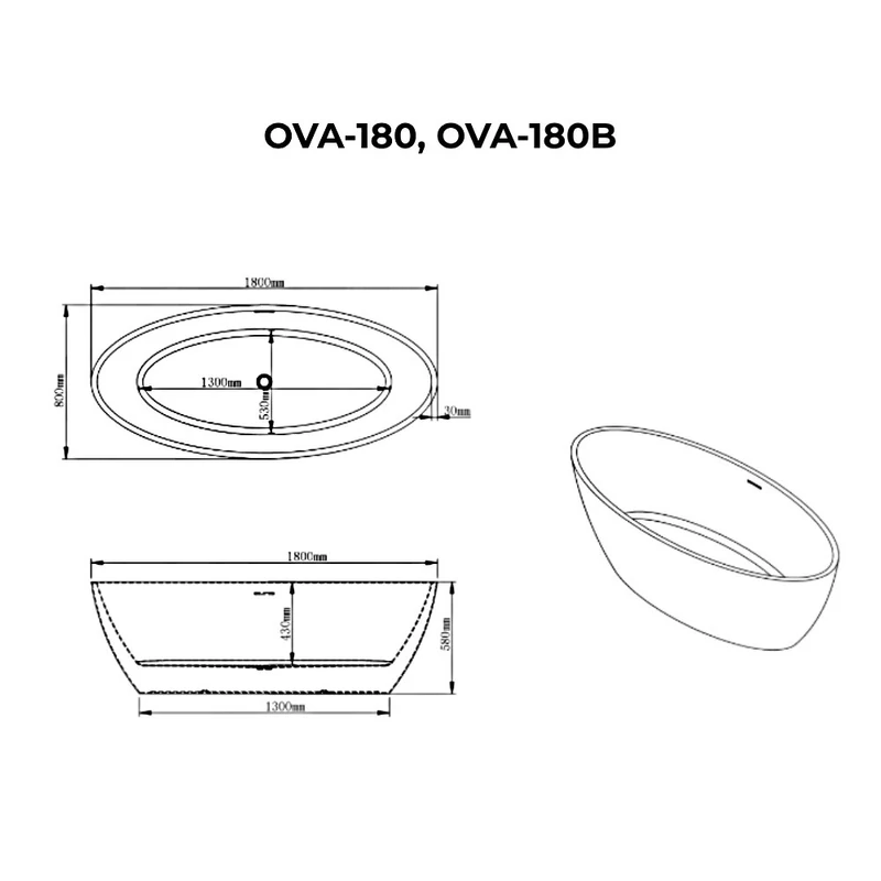 OVAL Cadă de baie freestanding, alb-negru, 180x80x58 cm