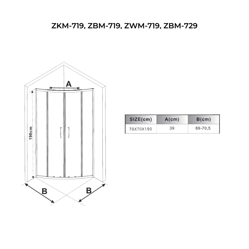 Avignon 6mm Black curbată Cabină de duș 70*70 190cm
