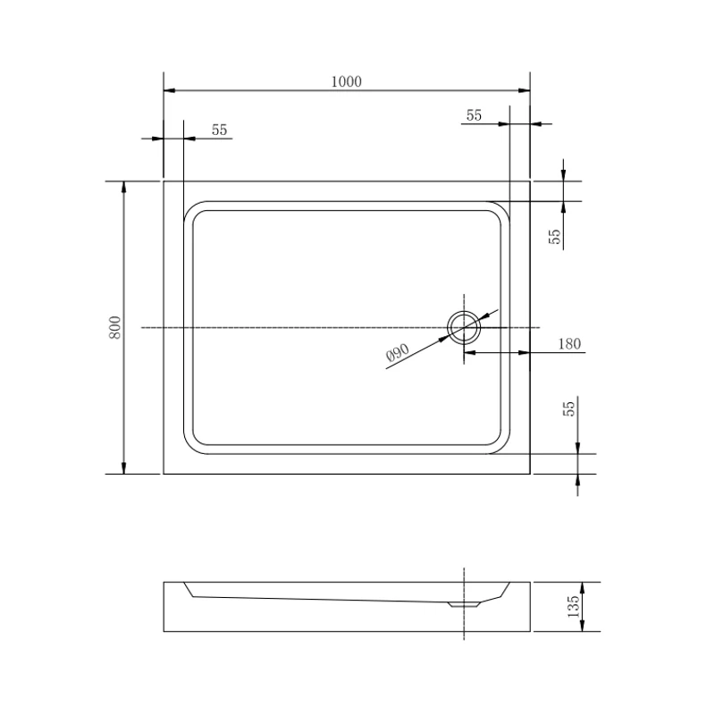 Almagro || 80x100x13,5 cm Cădiță de duș pătrată, dreptunghiulară, acril, cu sifon inclus