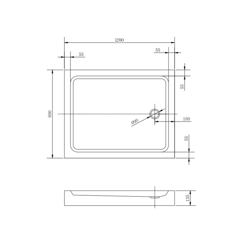 Almagro || 80x120x13,5 cm Cădiță de duș pătrată, dreptunghiulară, acril, cu sifon inclus