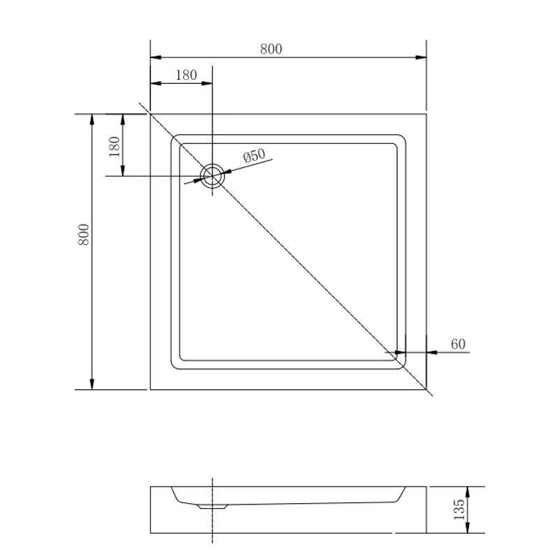 Almagro || 80x80x13,5 cm Cădiță de duș pătrată, acril, cu sifon inclus