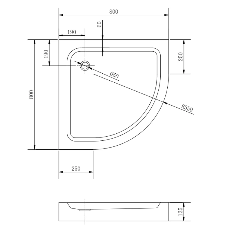 Almagro || 80x80x13,5 cm Cădiță de duș semicirculară, acril, cu sifon inclus