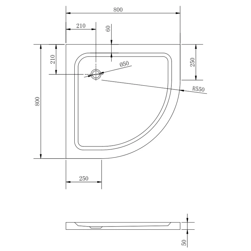 Coria 80x80x5 cm Cădiță de duș semicirculară, acril, cu sifon inclus