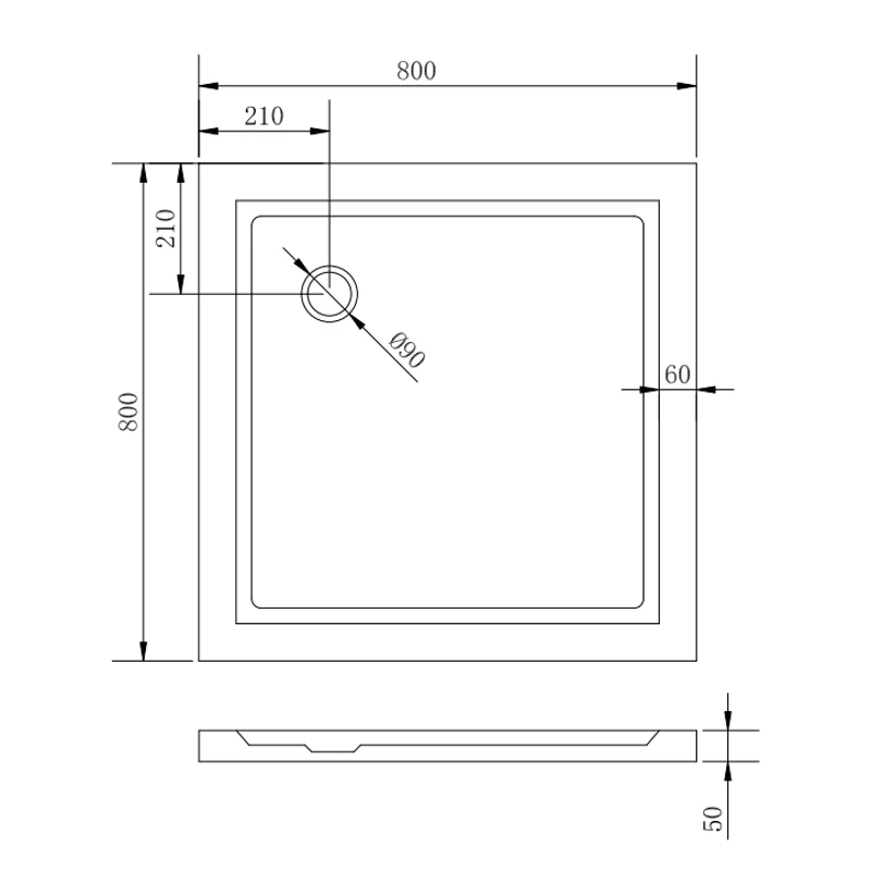 Coria || 80x80x 5 cm Cădiță de duș pătrată, acril, cu sifon inclus