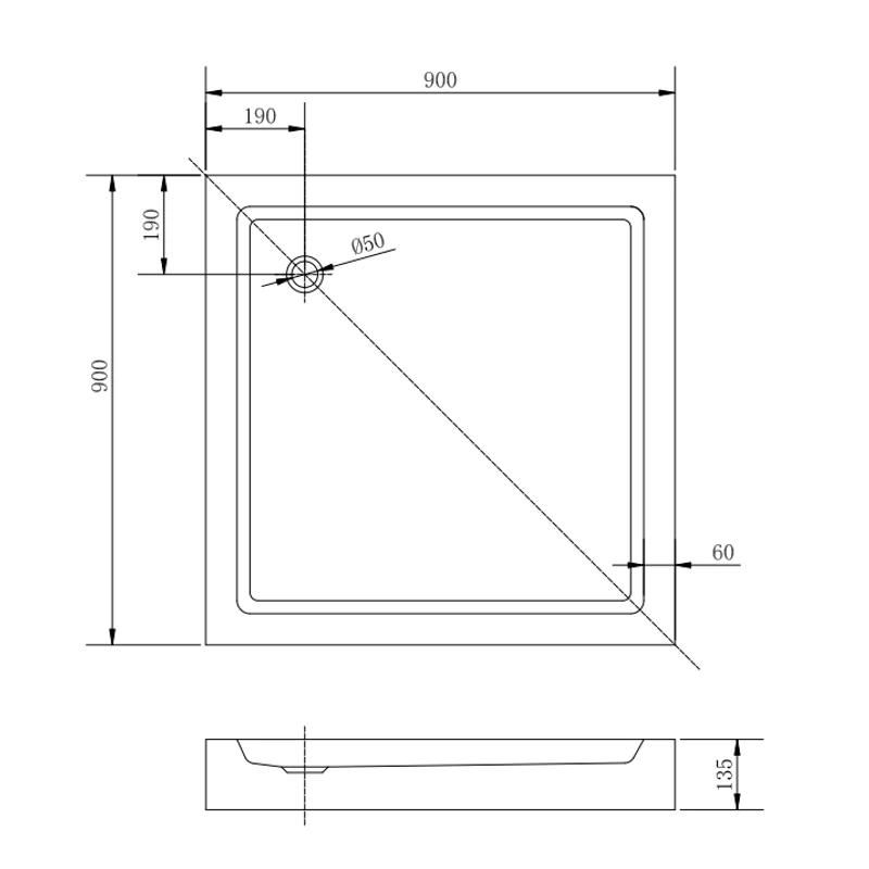 Almagro || 90x90x13,5 cm Cădiță de duș pătrată, acril, cu sifon inclus