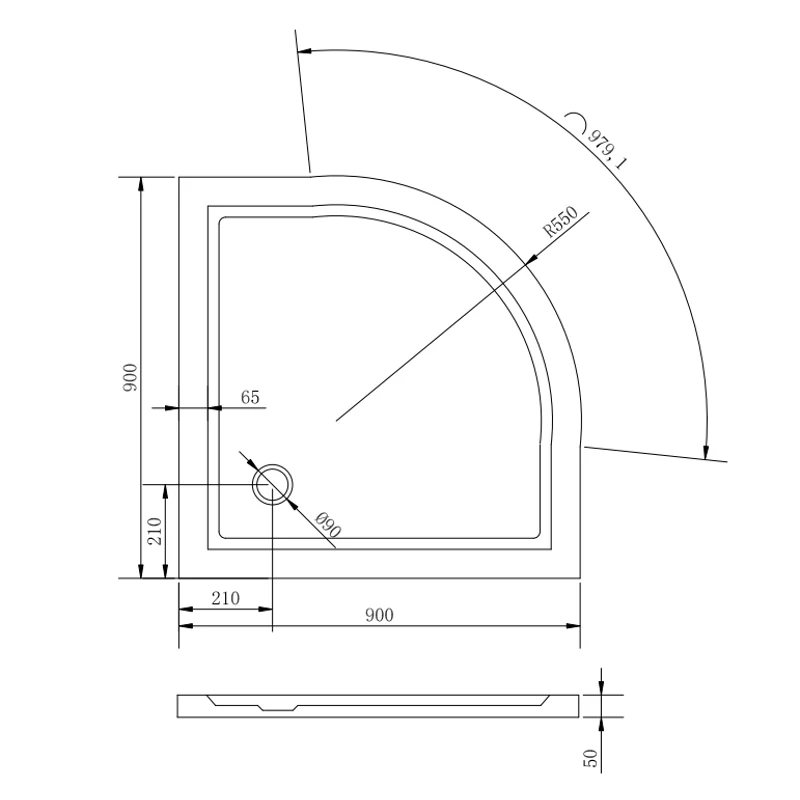 Coria || 90x90x5 cm Cădiță de duș semicirculară, acril, cu sifon inclus