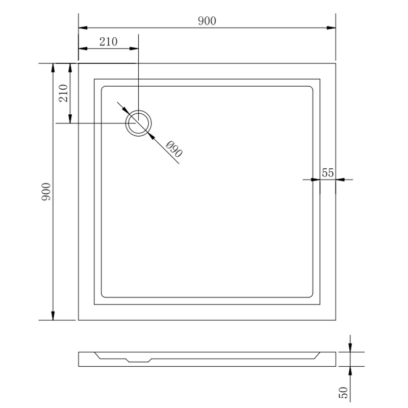 Coria || 90x90x5 cm Cădiță de duș pătrată, acril, cu sifon inclus