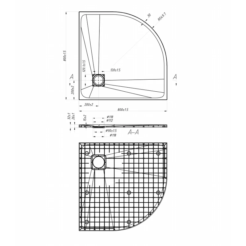 Cagliari || Black 80x80x2,6 cm Cădiță de duș semicirculară, SMC, cu sifon inclus