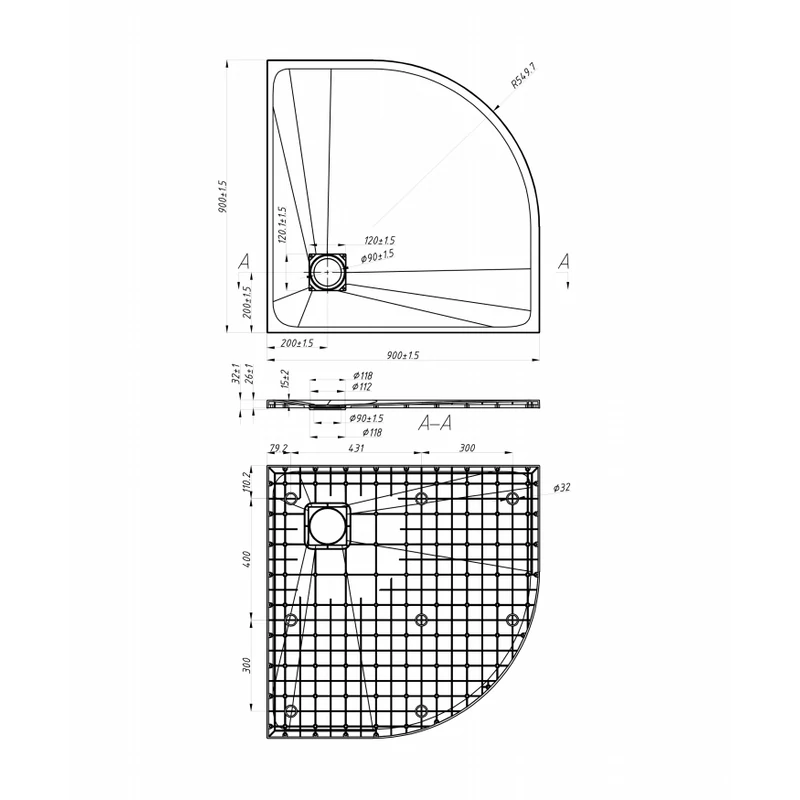 Cagliari || Black 90x90x2,6 cm Cădiță de duș semicirculară, SMC, cu sifon inclus
