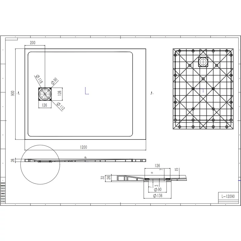 Cagliari || White 90x120x2,6 cm Cădiță de duș pătrată, SMC, cu sifon inclus