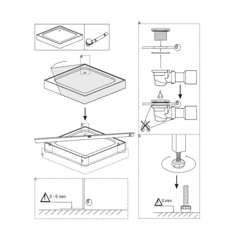 Almagro || 80x80x13,5 cm Cădiță de duș pătrată, acril, cu sifon inclus