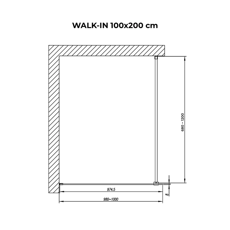 Walk-in || Chrome Perete de duș, gravat cu acid, cu sticlă mată 100, 200cm, 8mm