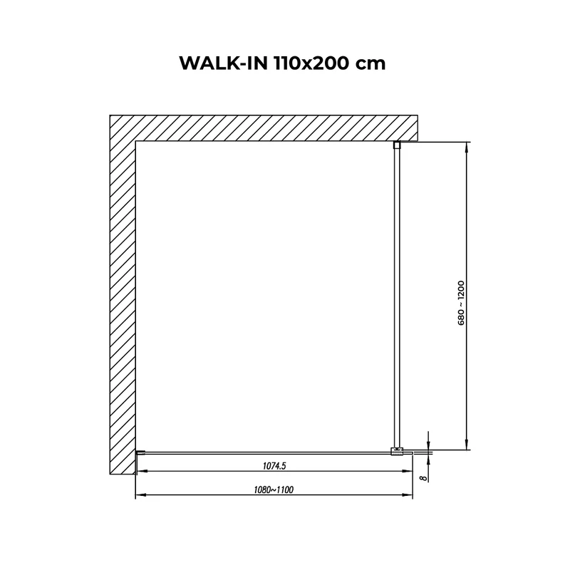 Walk-in || Chrome Perete de duș, gravat cu acid, cu sticlă mată 110, 200cm, 8mm