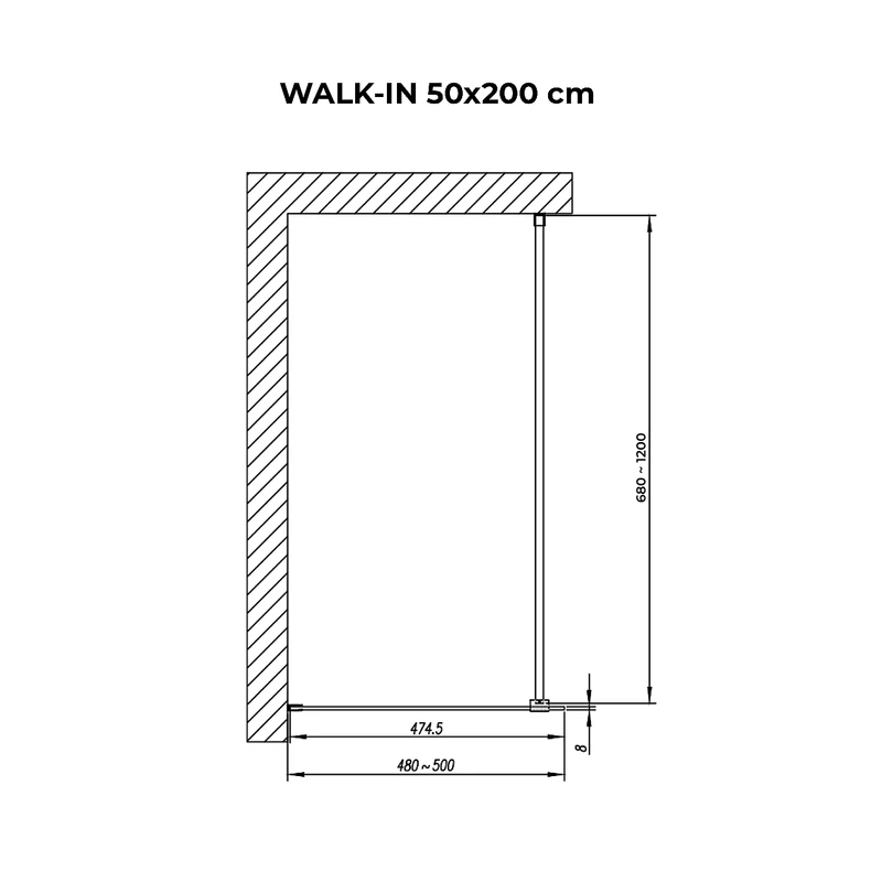 Walk-in Black Perete de duș, gravat cu acid, cu sticlă mată 50, 200cm, 8mm