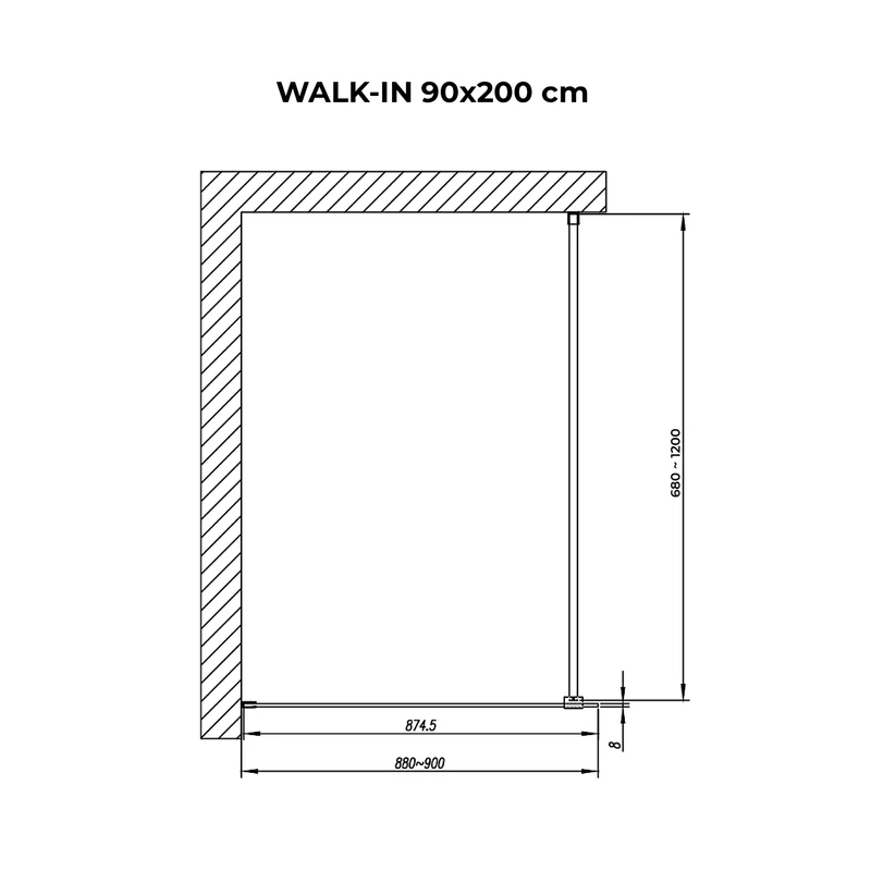 Walk-in || Chrome Perete de duș, gravat cu acid, cu sticlă mată 90, 200cm, 8mm