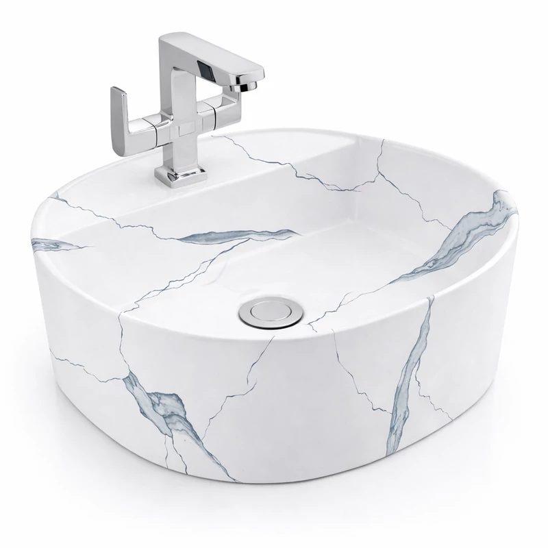 BERGAMO-M || Lavoar montat pe blat, ceramică, alb, cu model marmură, rotunjit