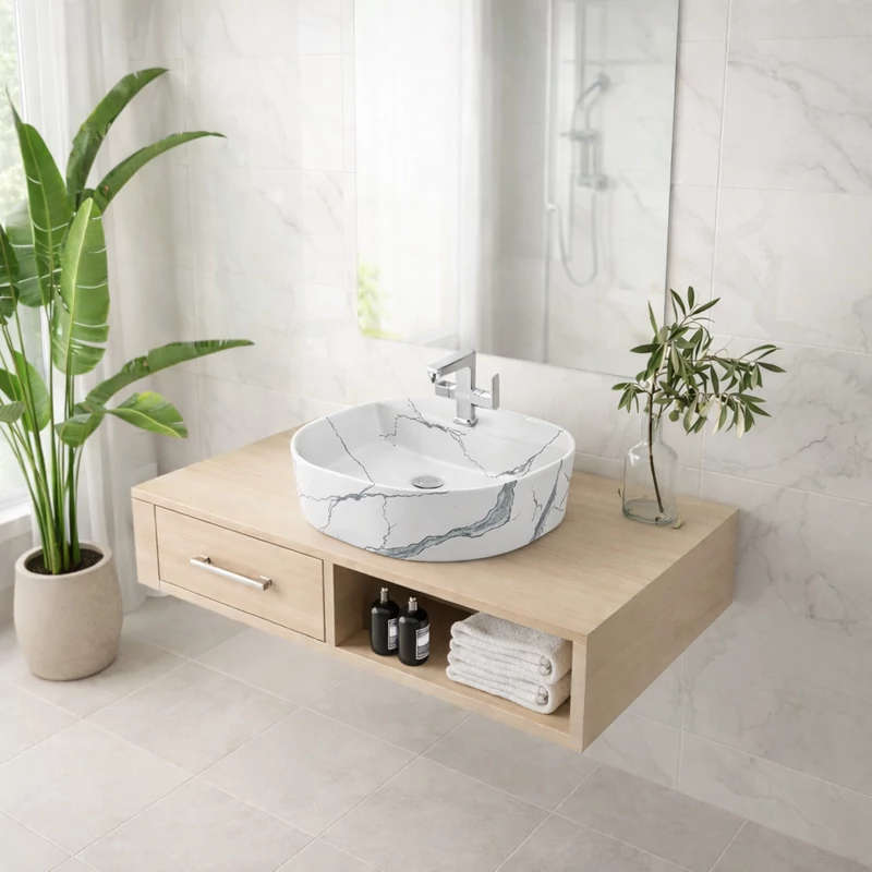 BERGAMO-M || Lavoar montat pe blat, ceramică, alb, cu model marmură, rotunjit