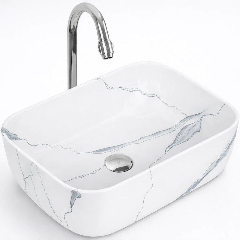 BERLIN-M || Lavoar montat pe blat, ceramică, alb, cu model marmură, dreptunghiular