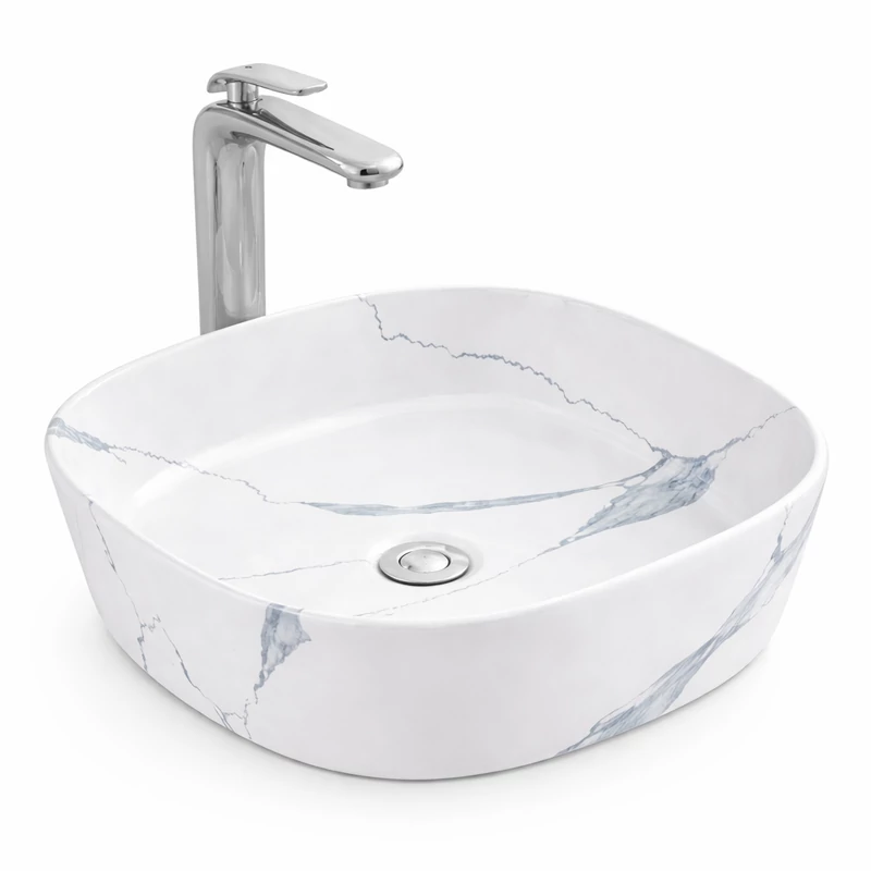 BERGAMO-M SLIM || Lavoar montat pe blat, ceramică, alb, cu model marmură, rotunjit