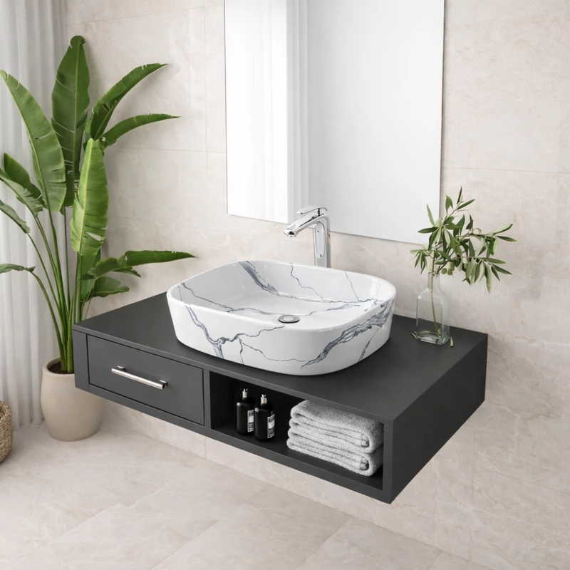 BERGAMO-M SLIM || Lavoar montat pe blat, ceramică, alb, cu model marmură, rotunjit
