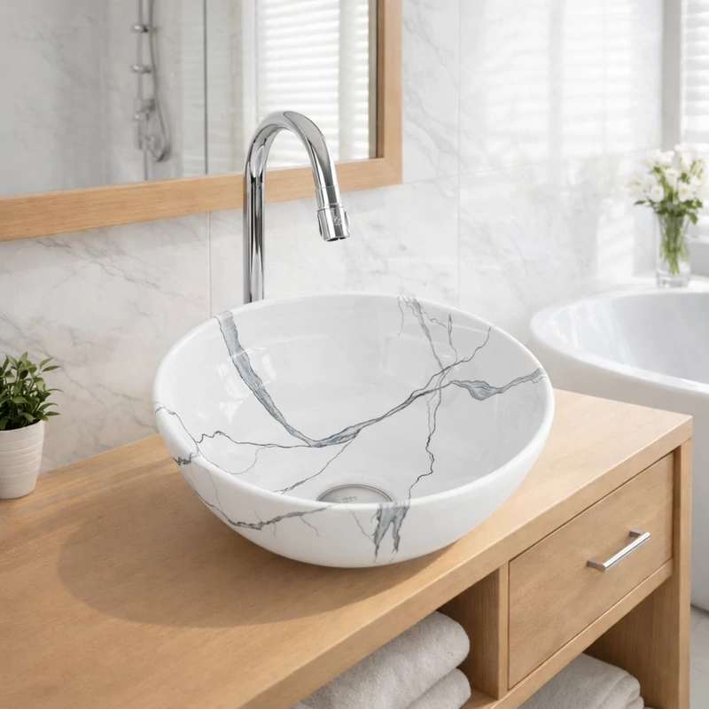 PARMA-M || Lavoar montat pe blat, ceramică, alb, cu model marmură, rotund