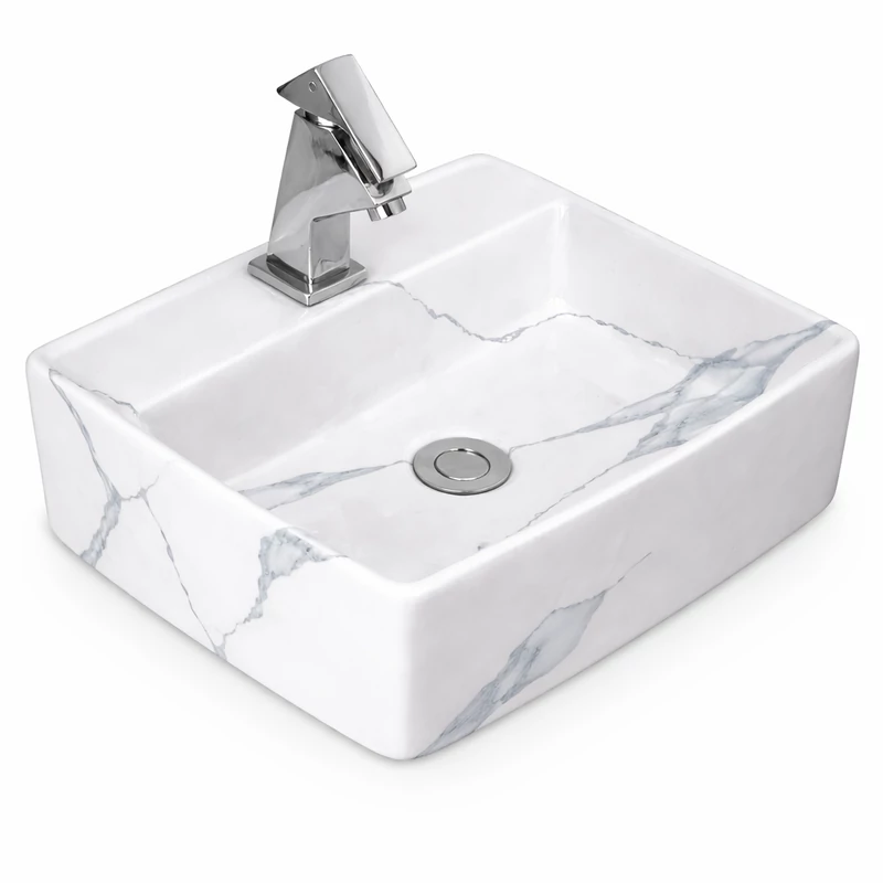 LINZ-M || Lavoar montat pe blat, ceramică, alb, cu model marmură, pătrat