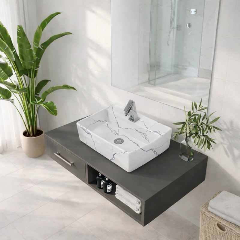 LINZ-M || Lavoar montat pe blat, ceramică, alb, cu model marmură, pătrat