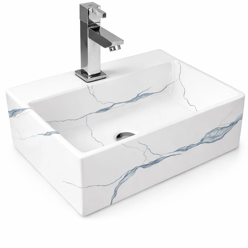 LEER-M || Lavoar montat pe blat, ceramică, alb, cu model marmură, pătrat
