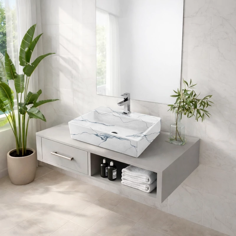 LEER-M || Lavoar montat pe blat, ceramică, alb, cu model marmură, pătrat