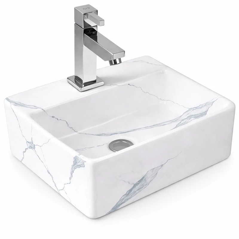 LAGE-M || Lavoar montat pe blat, ceramică, alb, cu model marmură, pătrat
