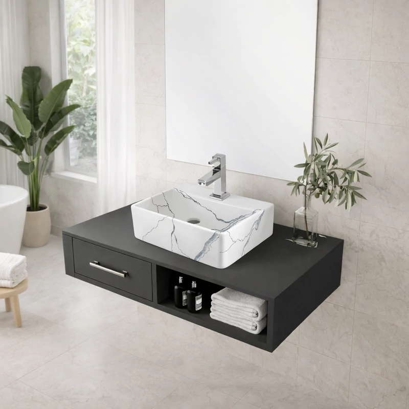 LAGE-M || Lavoar montat pe blat, ceramică, alb, cu model marmură, pătrat