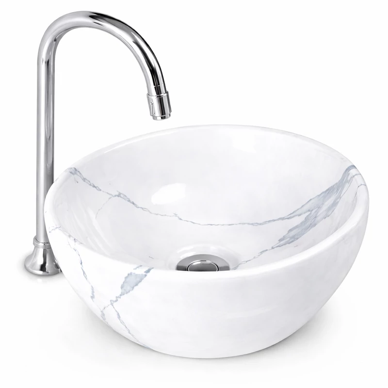 ASTI-M || Lavoar adânc montat pe blat, ceramică, alb, cu model marmură, rotund