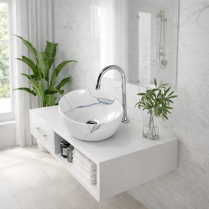 ASTI-M || Lavoar adânc montat pe blat, ceramică, alb, cu model marmură, rotund
