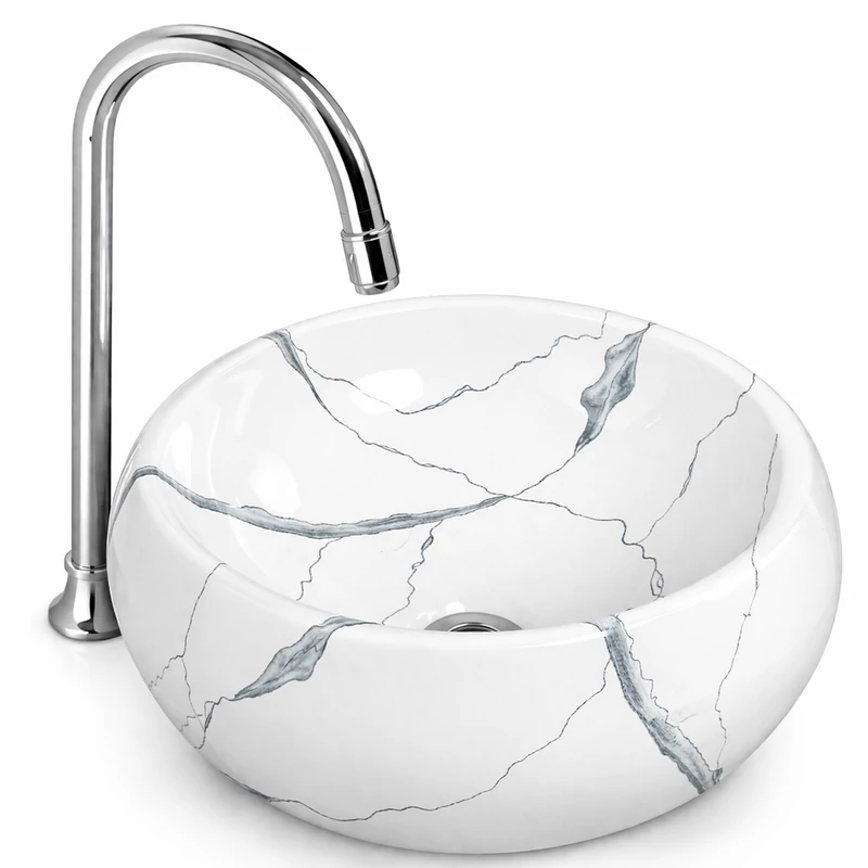 BARI-M || Lavoar montat pe blat, ceramică, alb, cu model marmură, rotund